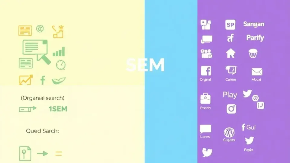 Comparison diagram showing SEO, SEM, and other digital marketing channels side by side