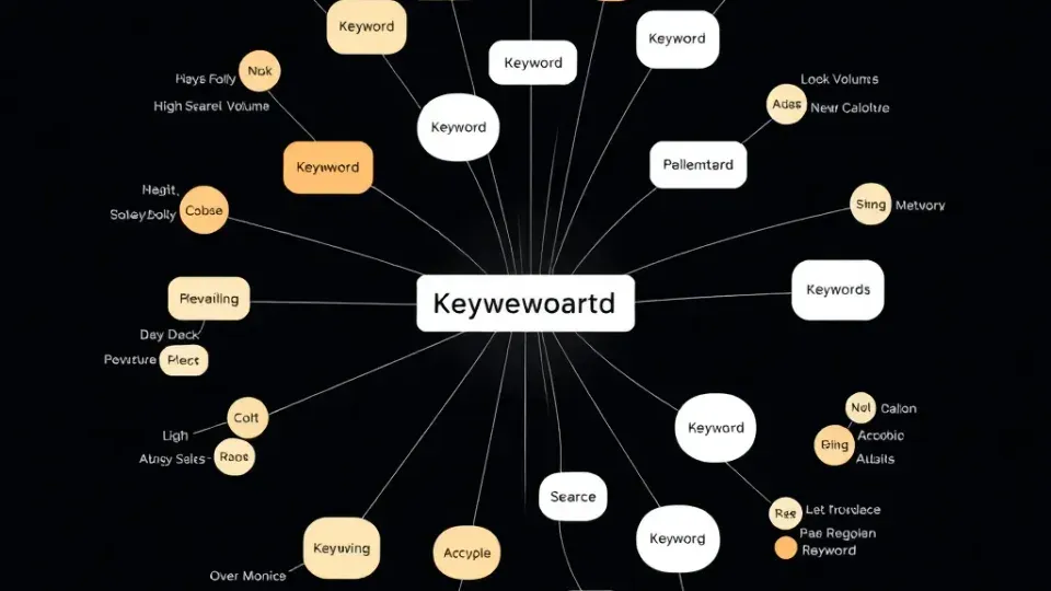 Mind-map style keyword research visualization with varying node sizes representing search volume