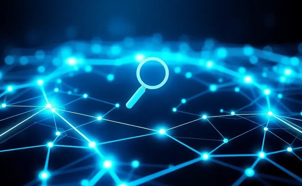Abstract digital landscape with interconnected nodes and magnifying glass symbol representing SEO and search discovery