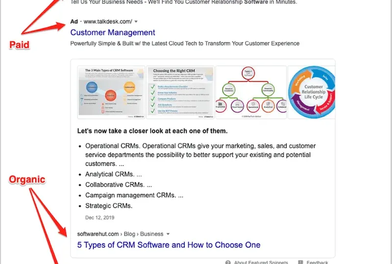 Search engine results page showing multiple ranked listings and organic search results