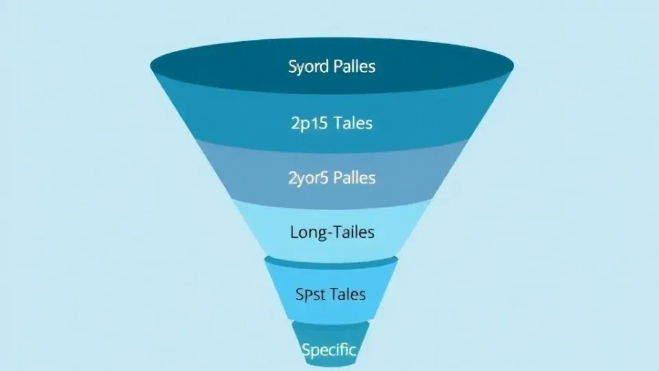Hierarchical keyword funnel visualization showing progression from broad to long-tail search terms
