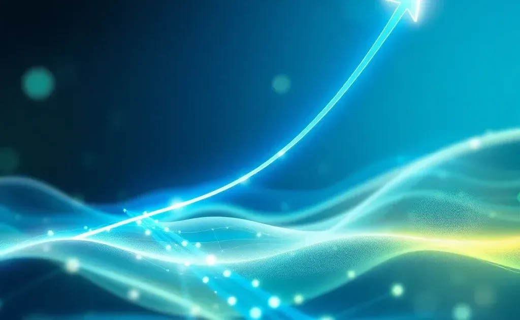 Abstract upward trending visualization with glowing nodes representing fast SEO growth and optimization pathways