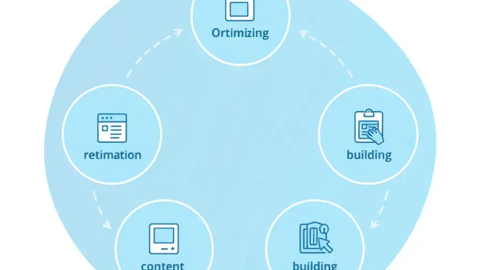 Five-step SEO process flow diagram with interconnected nodes
