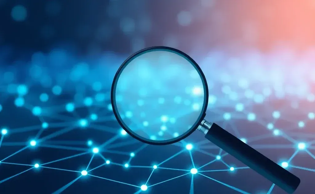 Abstract digital network with magnifying glass representing SEO and search optimization