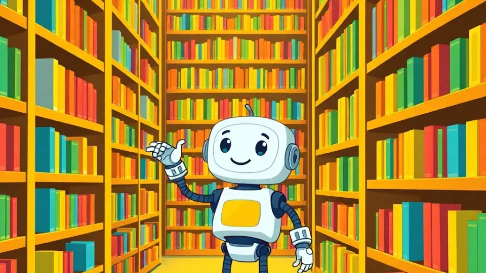 Friendly robot librarian organizing colorful books on shelves