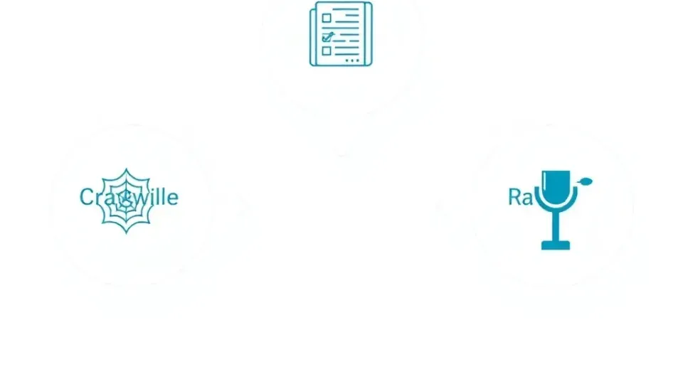 Three-step SEO process diagram showing crawling, indexing, and ranking