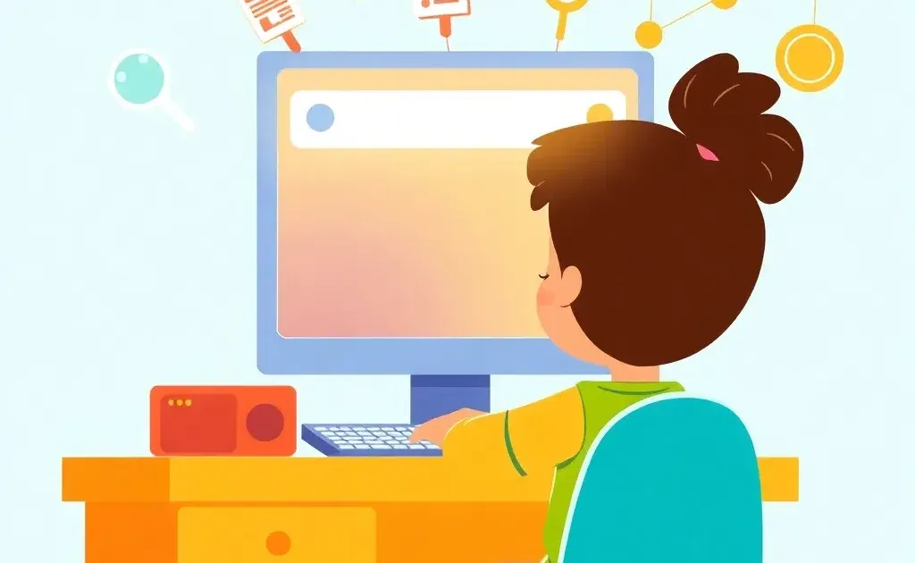 Child at computer surrounded by colorful search and web icons