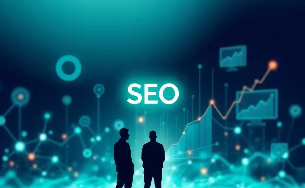 Abstract SEO visualization with silhouette and digital network elements