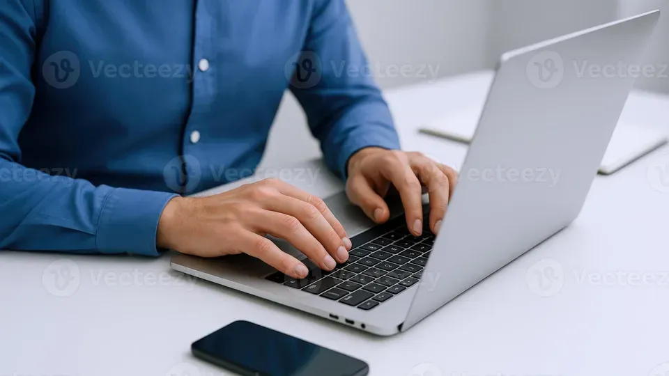 Man typing on laptop keyboard at a desk workspace