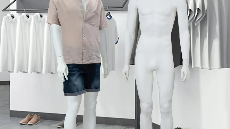 Men's clothing retail display with mannequins and products
