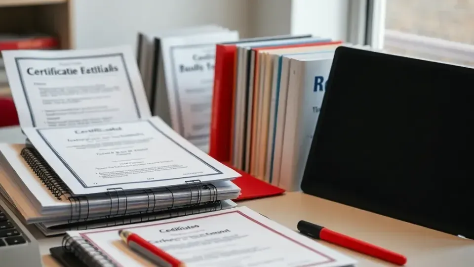 Professional SEO certification and study materials on desk