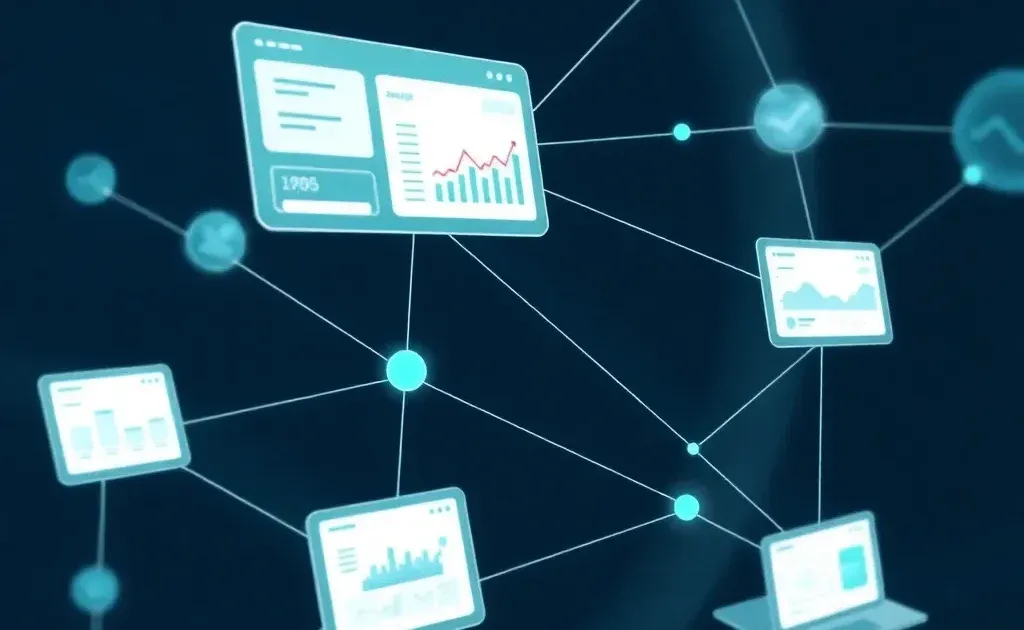 Abstract digital workspace with interconnected nodes and analytics visualization