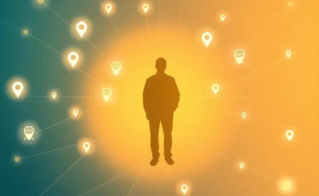 Abstract digital marketing concept with silhouette and search symbols representing senior living SEO strategy