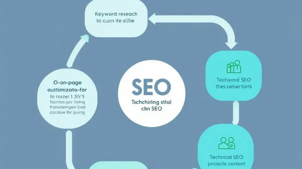 Flowchart showing interconnected SEO optimization steps for senior care websites
