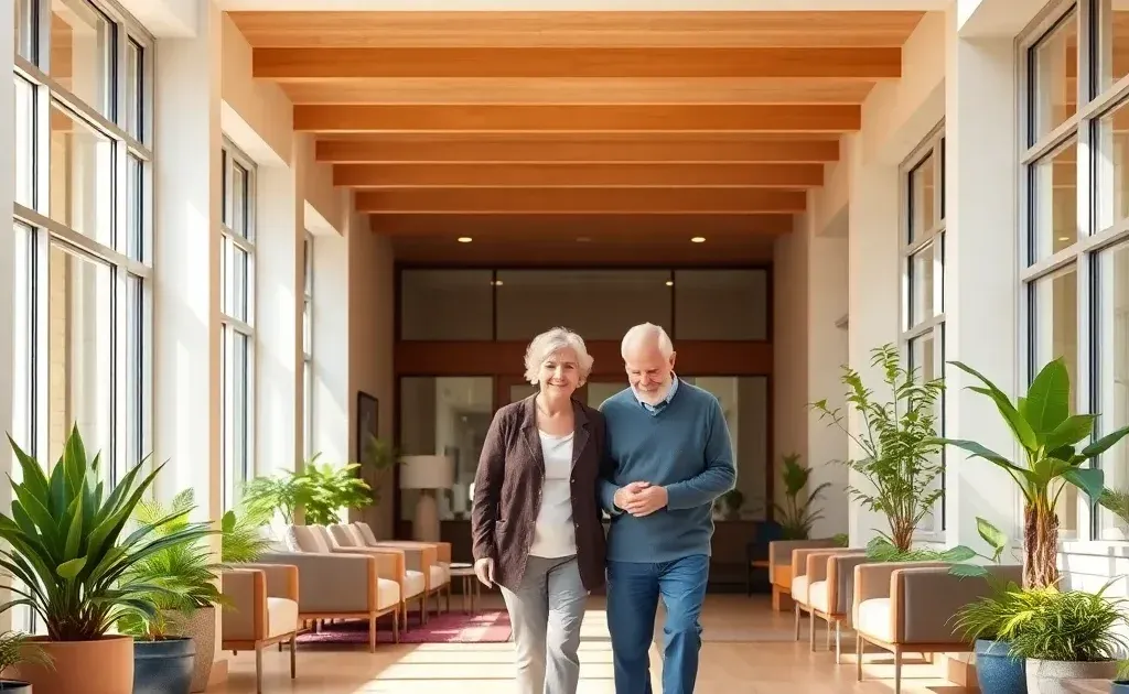 Senior and adult child exploring a modern, welcoming senior living community lobby