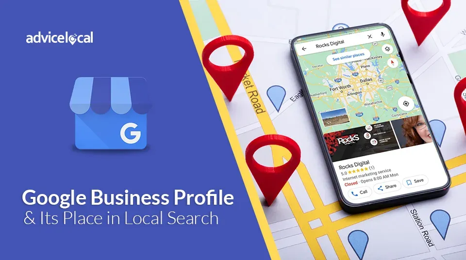 Smartphone displaying Google Business Profile listing with local search results
