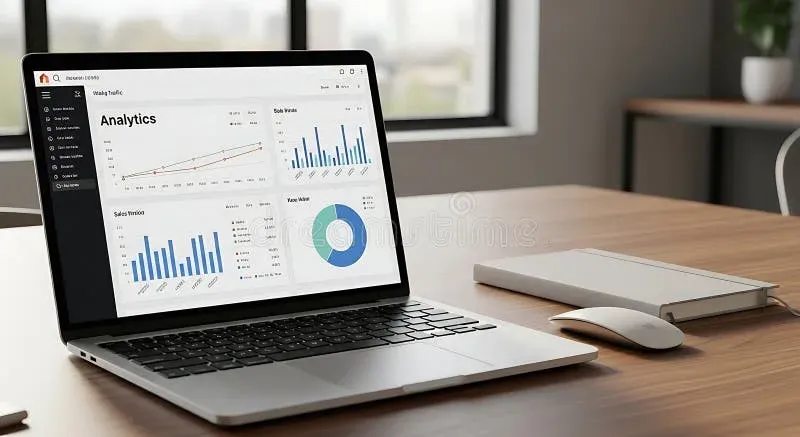 Laptop displaying analytics dashboard on a workspace desk
