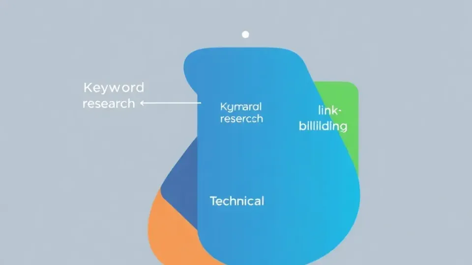 Three pillars representing keyword research, link building, and technical SEO