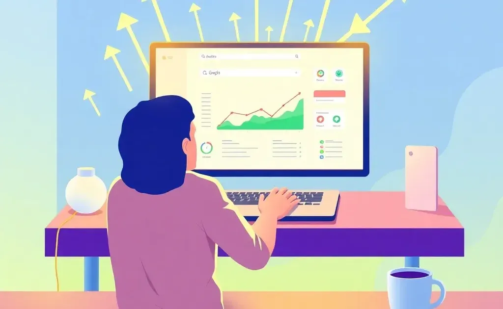 Student at desk working on SEO with laptop showing analytics and growth indicators