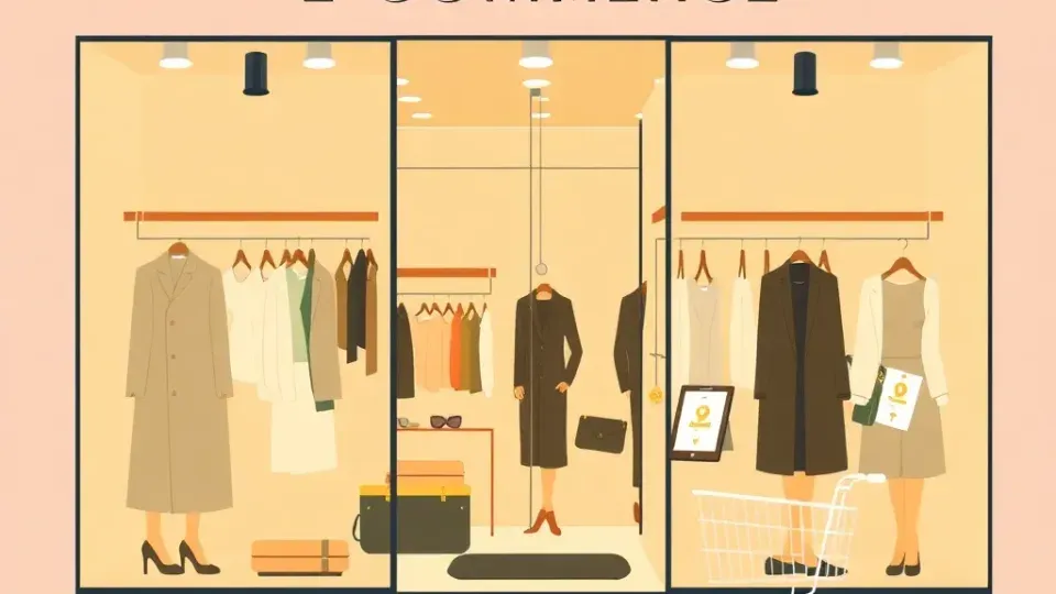 Stylized e-commerce storefront illustration with fashion products and digital elements