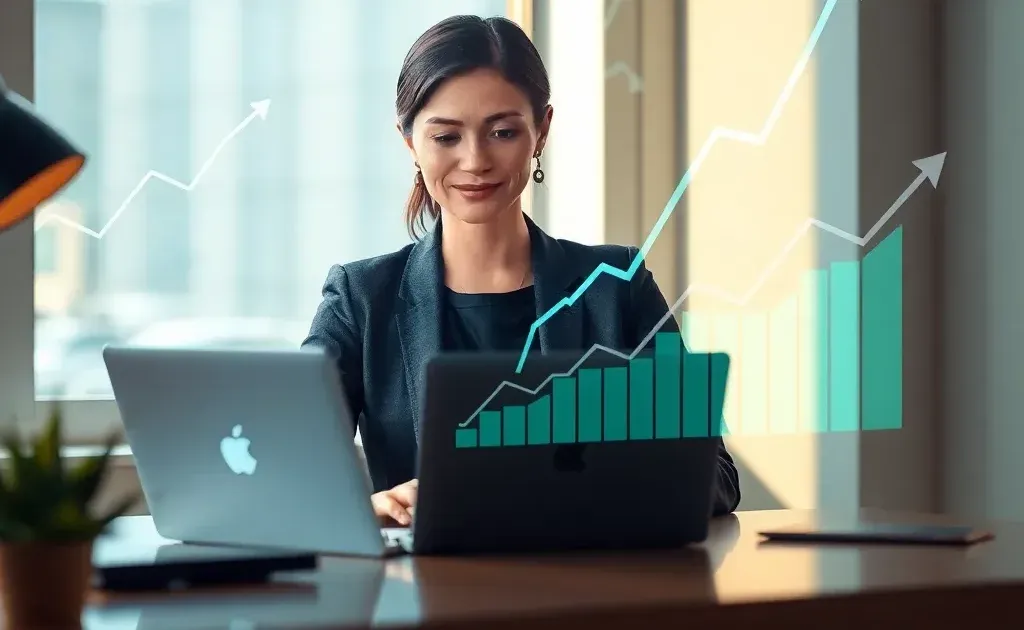 Professional woman at desk with laptop and floating analytics visualizations representing SEO growth