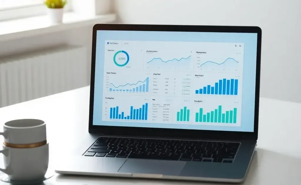 Modern workspace with laptop showing analytics and SEO data visualization