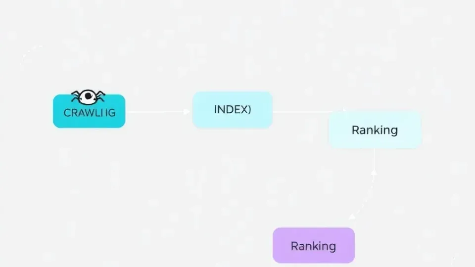 Flowchart showing the three stages of search engine operation: crawl, index, and rank