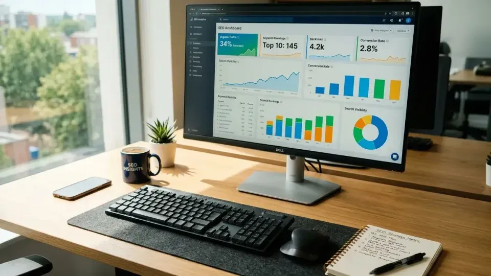 Professional workspace with computer displaying SEO analytics and tools