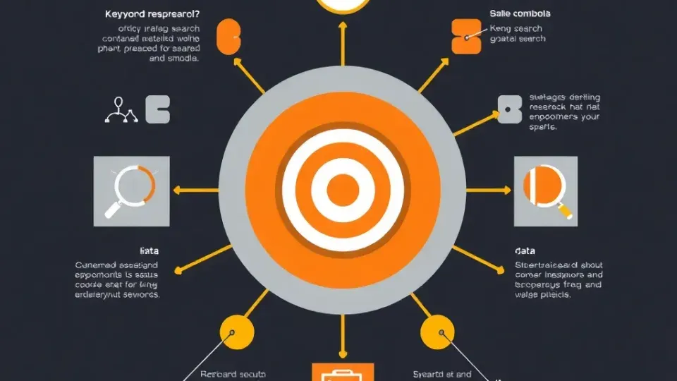 Keyword research methodology visualization with branching data points and search symbols