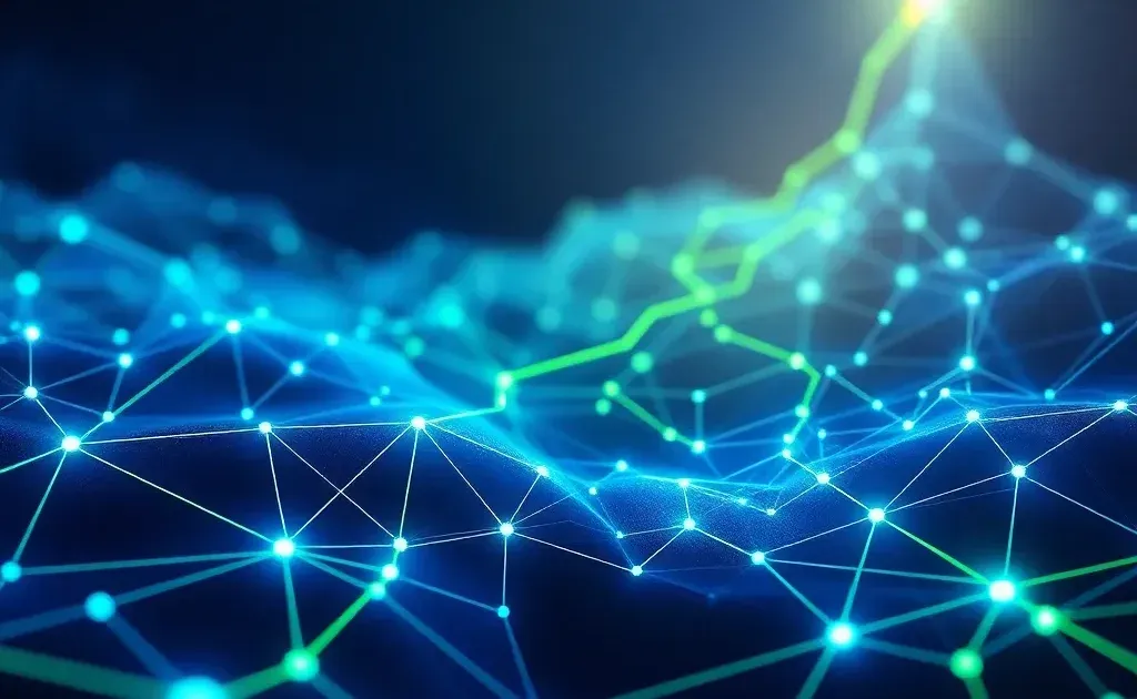 Abstract digital network visualization with glowing nodes and upward progression pathways