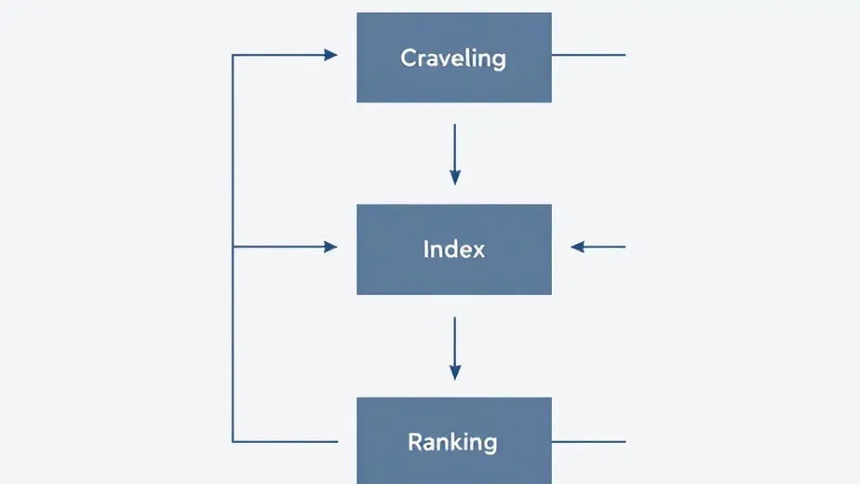 Flowchart showing three steps of search engine process
