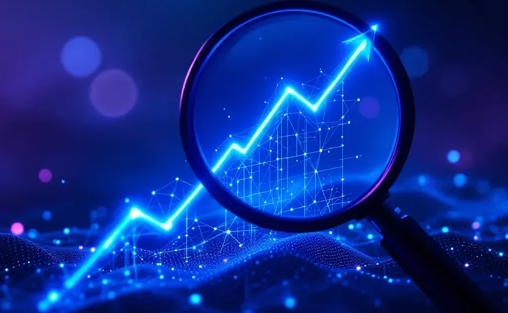 Abstract SEO concept with upward trend graph and magnifying glass