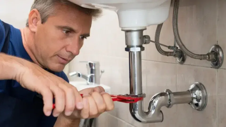 Plumber working on emergency pipe repair installation