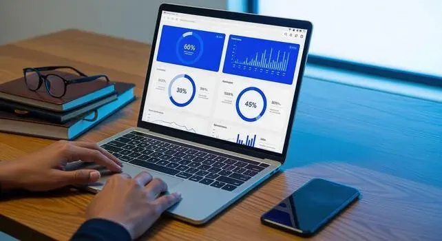 Laptop displaying analytics dashboard and business metrics