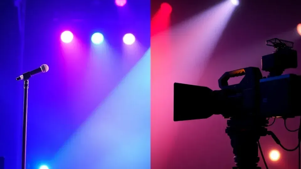 Split-screen illustration comparing K-pop music career and acting career transitions