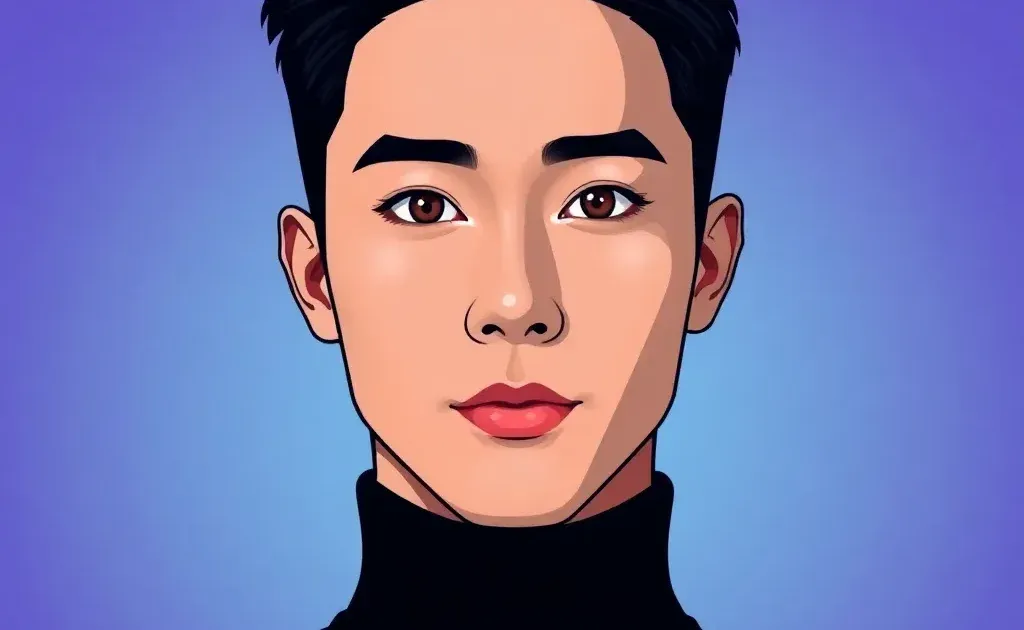 Stylized portrait of a South Korean male entertainer with distinctive heterochromia eyes