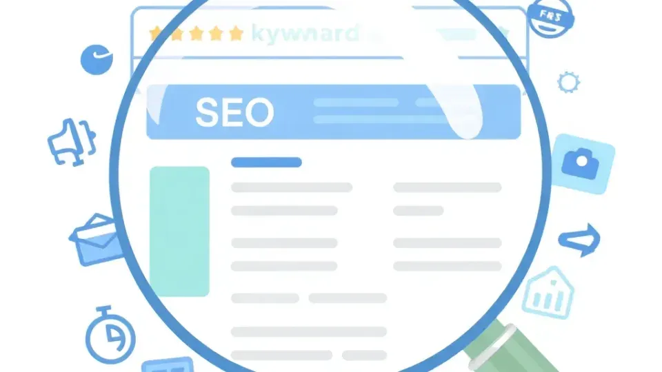 Magnifying glass examining web page with SEO elements highlighted in blue and green