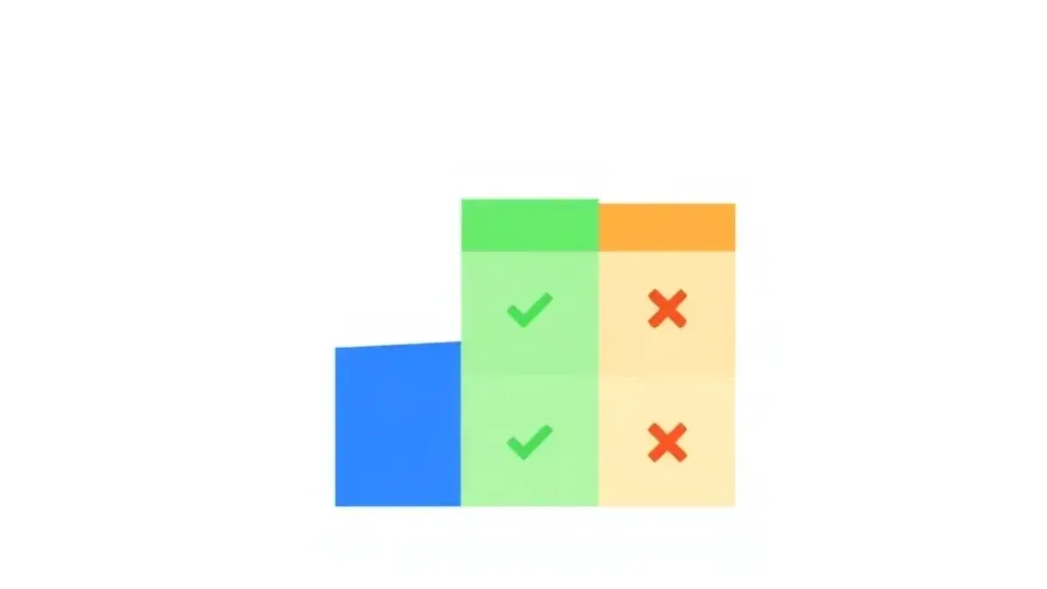 Comparison matrix visualization with three columns showing feature checkmarks and differences