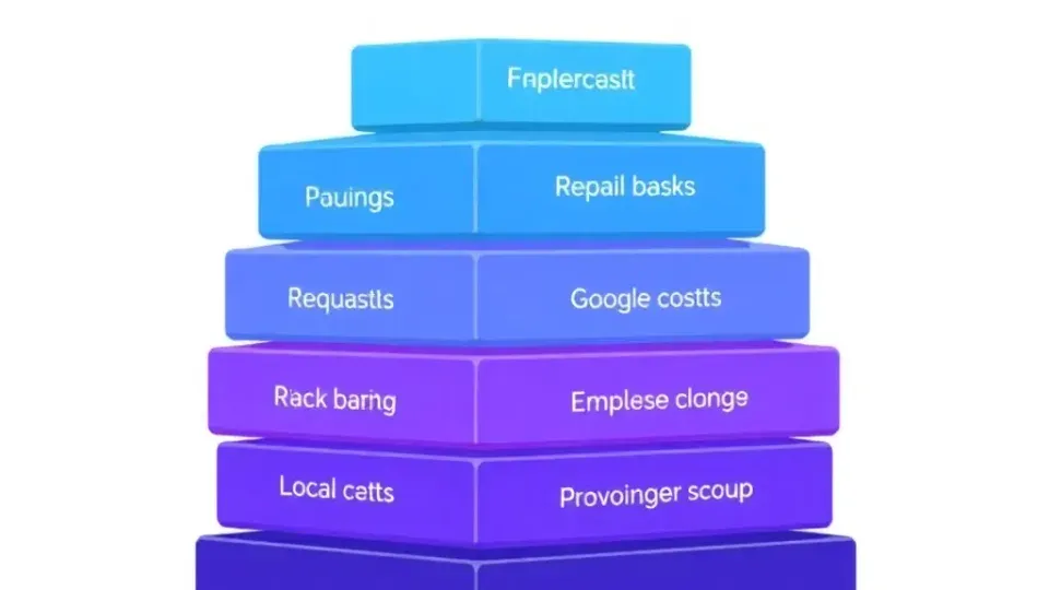 Stacked building blocks representing layered SEO tool functions in blue to purple gradient