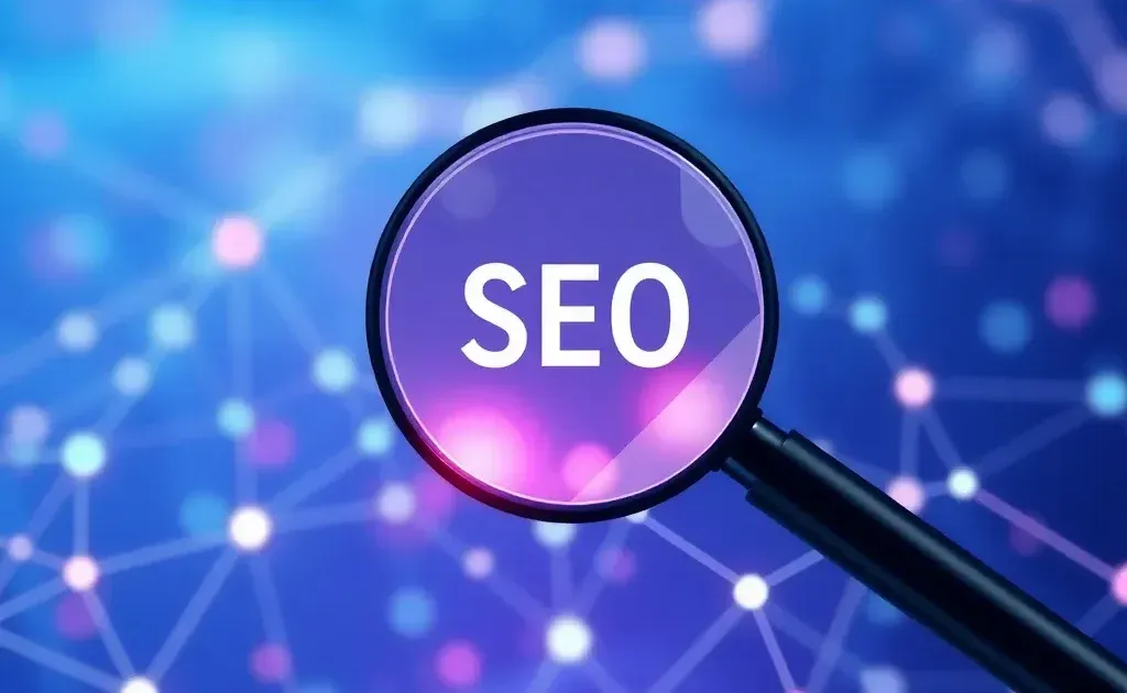 Abstract digital network with magnifying glass representing SEO analysis