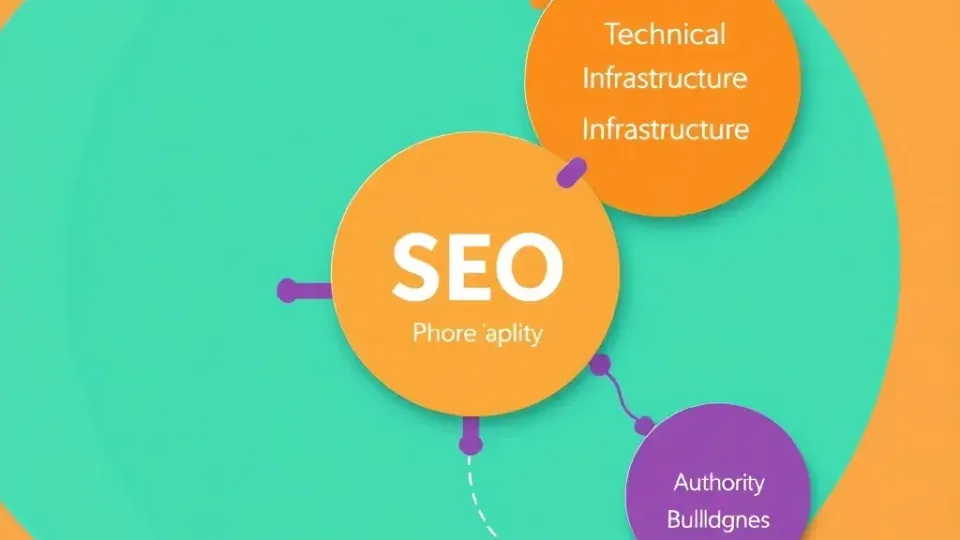 Three pillars of SEO represented as interconnected circular elements