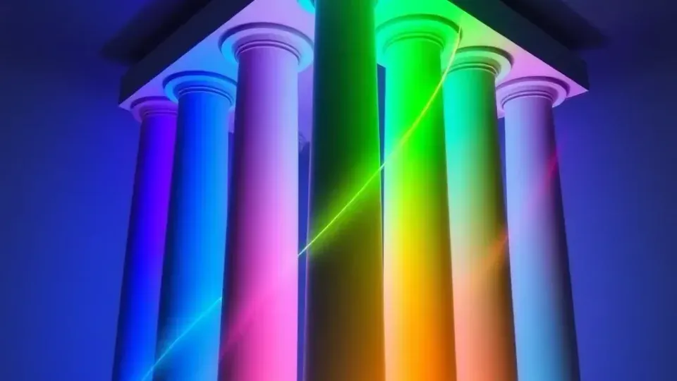 Five interconnected glowing pillars representing SEO components