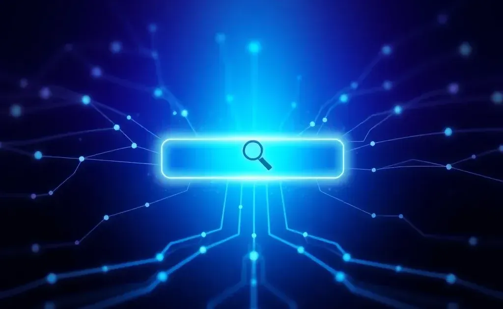 Abstract digital landscape with glowing search interface and interconnected nodes