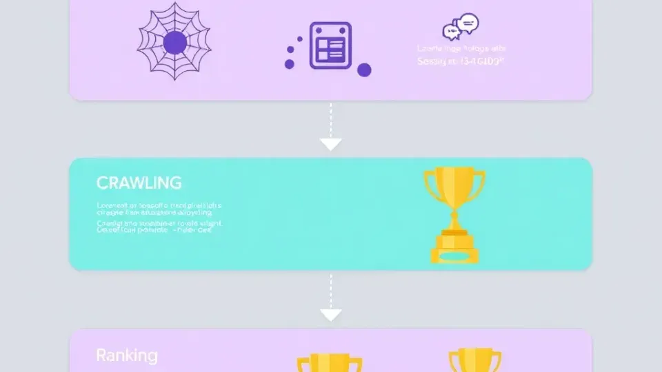 Three-stage flowchart showing crawling, indexing, and ranking process