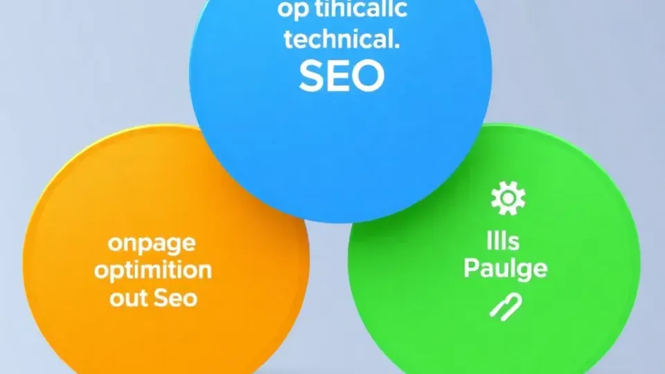 Three pillars representing on-page, technical, and off-page SEO components