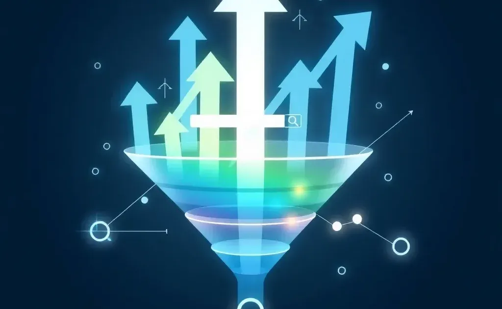 Abstract visualization of SEO process with data flow and upward trends