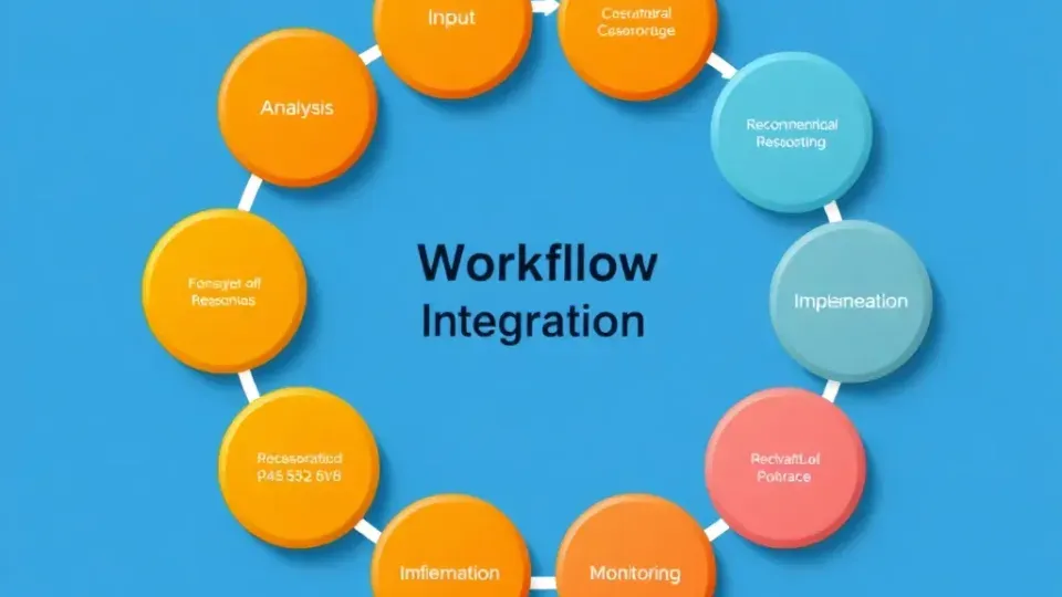 Workflow integration diagram showing connected process stages with directional arrows