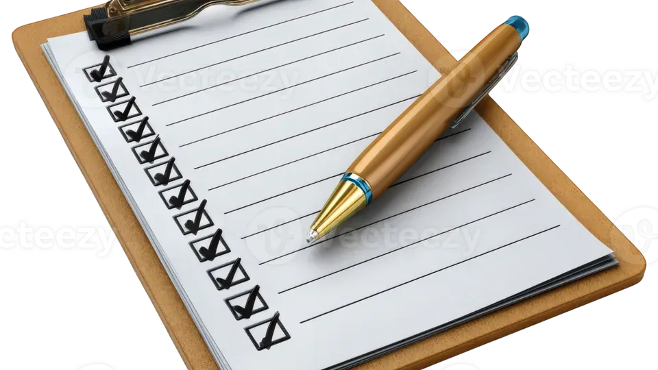Printed checklist on clipboard with pen for evaluation and planning