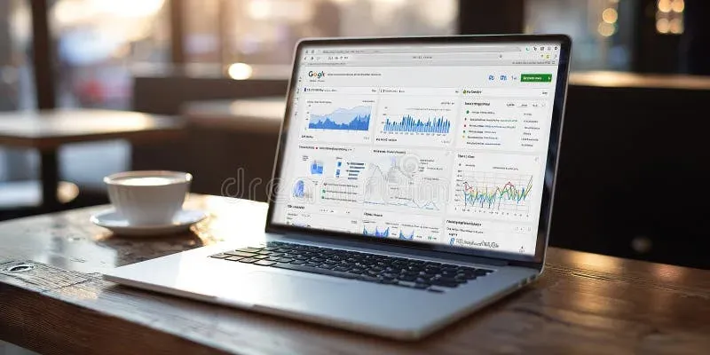 Laptop displaying SEO analytics dashboard on a professional workspace