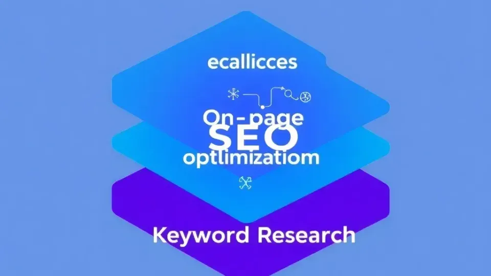 Three overlapping layers representing technical SEO, on-page optimization, and keyword research